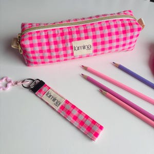 Astuccio rosa neon, mini trousse per il trucco, organizer per articoli da toeletta, regalo per lei, borsa a quadretti, custodia in tessuto Vichy, piccolo astuccio per penne