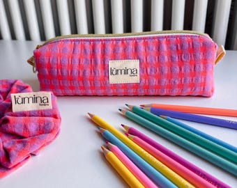 Etui, mini make-uptasje, toilettas, cadeau voor haar, tas met violet en oranje pastel, stoffen Vichy-etui, klein pennenzakje