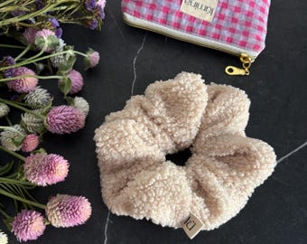 Beige Teddy Scrunchie | Fluffy Handmade Hair Tie | Cozy Neutral Accessory | Soft Girl & Clean Girl Aesthetic Gift for Her