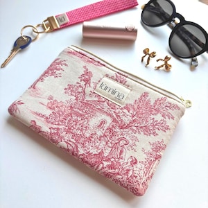 Mini astuccio con cerniera, portamonete, piccolo portafoglio per carte, custodia tecnologica, custodia da viaggio, accessorio per borsa, regalo per lei, Toile de Jouy, custodia elegante