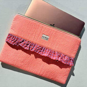 Housse pour ordinateur portable Vichy 11" 13" 14" 15" 16" pouces avec volants Housse pour tablette iPad Pochette pour câbles Housse rembourrée Vichy Cadeau pour elle
