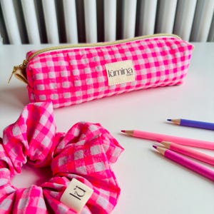 Neonroze etui, mini make-uptasje, toilettas, cadeau voor haar, pasteltasje, stoffen Vichy-etui, klein pennenzakje