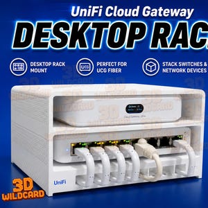 May include: White desktop rack for UniFi Cloud Gateway, with the text "DESKTOP RACK". Features include desktop rack mount, perfect for UCG fiber, stack switches & network devices, and durable & secure design. Custom colors are available.