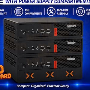 May include: A black Lenovo M910q desktop cluster enclosure with power supply compartments. The unit features tool-free assembly and a clean cluster setup. Text on the image reads: Lenovo M910q Desktop Cluster, PROXMOX CLUSTER ENCLOSURE, WITH POWER SUPPLY COMPARTMENTS, 3D WILDCARD, Compact. Organized. Proxmox Ready.