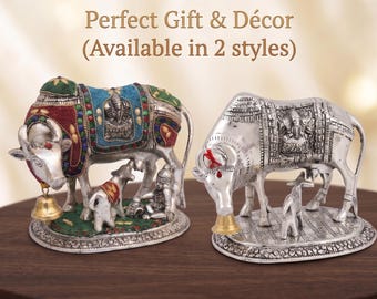 German Silver Kamadhenu Cow Calf Statue, Prosperity Home Decor, Housewarming Gift