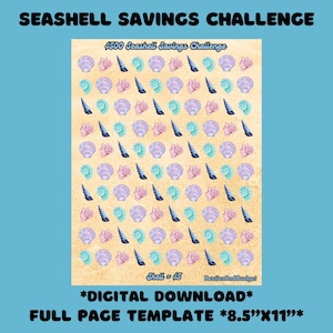 May include: A digital download template with a seashell savings challenge theme. The design features various seashells in shades of blue, purple, and pink on a sandy background. Text includes "SEASHELL SAVINGS CHALLENGE" and "$500 Seashell Savings Challenge".