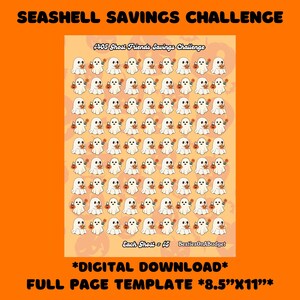 May include: A digital download template with a Halloween theme. The design features numerous cartoon ghosts, each holding a pumpkin. The text reads "$405 Ghost Friends Savings Challenge" and "Each Ghost = $5". The template size is 8.5"x11".