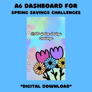 May include: A printable A6 dashboard for a $1,000 spring savings challenge. The dashboard has a colorful tie-dye background with black outlines of flowers.