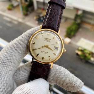 Vintage Longines Admiral Automatic Watch – Solid 18K Gold Case, Silk Dial, Date, 35mm