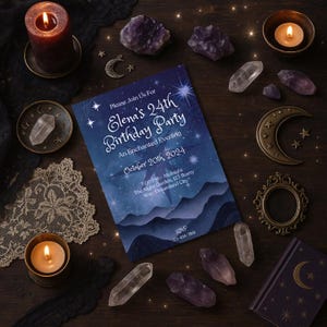May include: A blue and purple invitation with a star and moon design. The text reads "Please Join Us For Elena's 24th Birthday Party An Enchanted Evening October 20th 2024 7:00 PM - Midnight The Night Garden, 123 Starry Way, Dreamland City 123-456-7804"