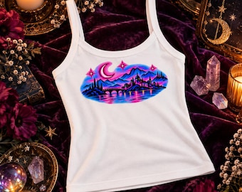Starlit Escape —Starlit Escape— Camiseta gráfica Y2K de Lilac Mountain City - Camiseta sin mangas de microcanalé para mujer