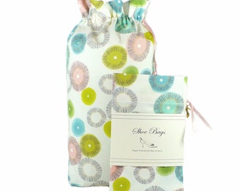 Shoe Bags, travel shoe bag, Pink, Aqua, Lime, Large Dot, shoe storage, drawstring bags, set of 2 bags, Lingerie, Sale