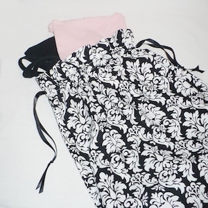 Travel Laundry Bag, Black & White print, Damask, drawstring bag, lingerie bag, cotton