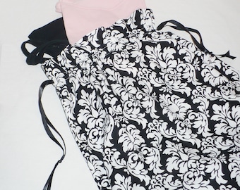Travel Laundry Bag, Black & White print, Damask, drawstring bag, lingerie bag, cotton
