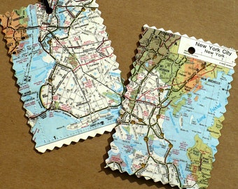Custom Luggage Tags, Recycled maps, atlas pages, set of 2, destination, wedding, honeymoon, Travel, City, State, Country