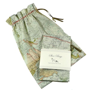 Shoe Bags, Travel, World Map, Sage Green, reusable drawstring bag, drawstring, cotton