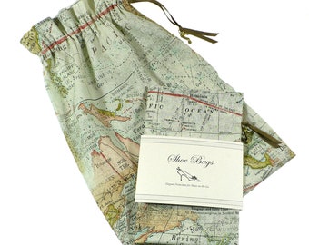 Shoe Bags, Travel, World Map, Sage Green, reusable drawstring bag, drawstring, cotton