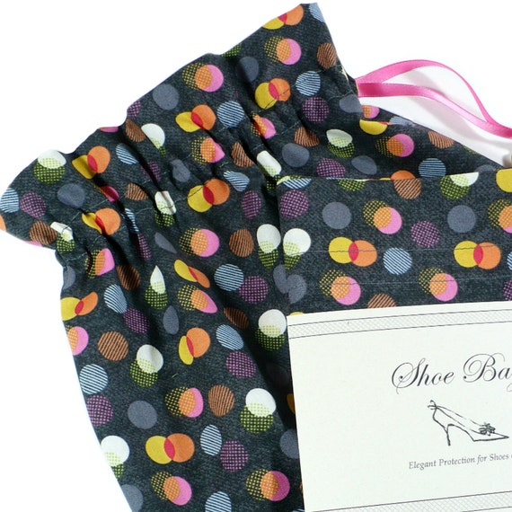 Shoe Bags, Charcoal, multi color dots, travel, organize, shoe storage, set of 2, cotton, Last One