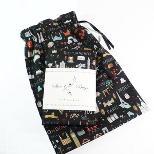 Travel Shoe Bags, Famous cities, Black, Cotton drawstring, Set of 2, London, Rome, Sydney, Rio, Tokyo