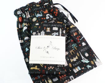 Travel Shoe Bags, Famous cities, Black, Cotton drawstring, Set of 2, London, Rome, Sydney, Rio, Tokyo