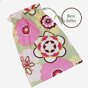 Shoe Bags, Pink, Green Flowers, Reusable drawstring, Cotton, Set of 2