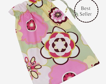 Shoe Bags, Pink, Green Flowers, Reusable drawstring, Cotton, Set of 2