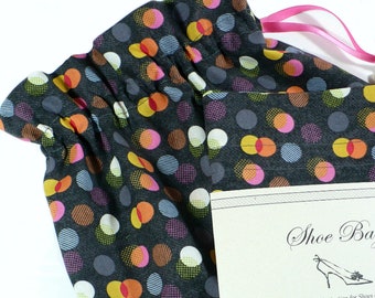 Shoe Bags, Charcoal, multi color dots, travel, organize, shoe storage, set of 2, cotton