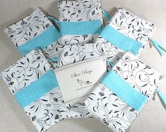 Custom Bridesmaids Gifts - shoe bags, Aqua, Black and White Flourish, wedding, Six Sets