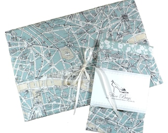 Lingerie Bag, Shoe Bags, Paris Map fabric, Blue, Gift Set, Wedding, Bride, Travel Bags