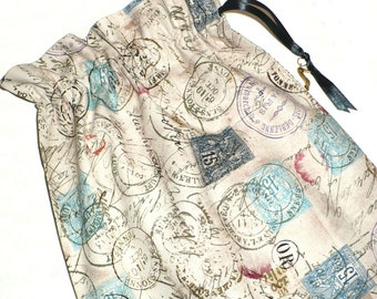 Shoe Bags, Travel, Postage Stamps, Set of 2, drawstring bag, cotton, storage bag, shoe storage, postmarks