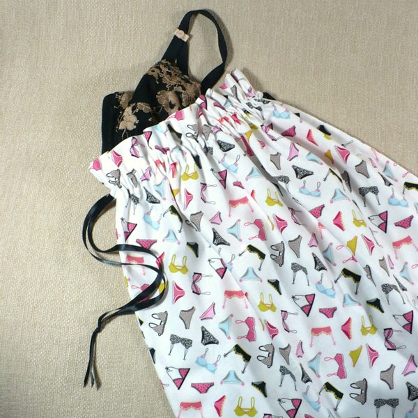 Lingerie Bag, bras, undies, White, Pink, Black, cotton drawstring bag, Pink, White, Black, Travel Laundry