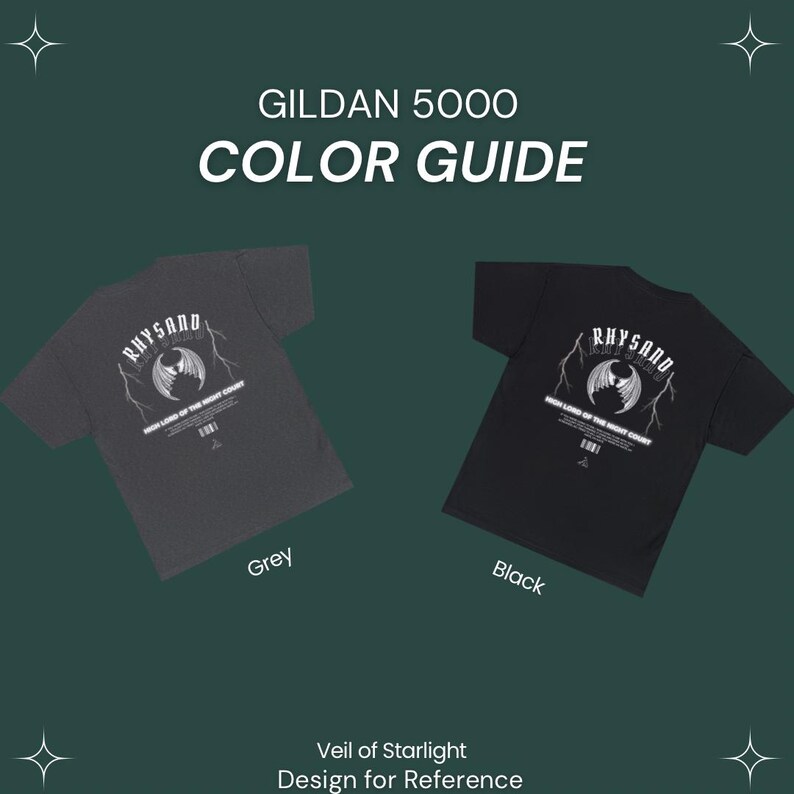 May include: A color guide for Gildan 5000 t-shirts featuring a design with the text "RHYSAND" and a graphic of a winged creature. The guide shows the t-shirt in grey and black.