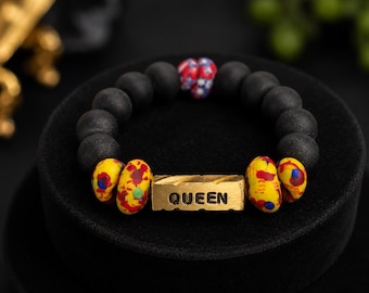Handmade African QUEEN Bracelet, Matte Black Beads, Ghanaian Accents, Stretch Fit