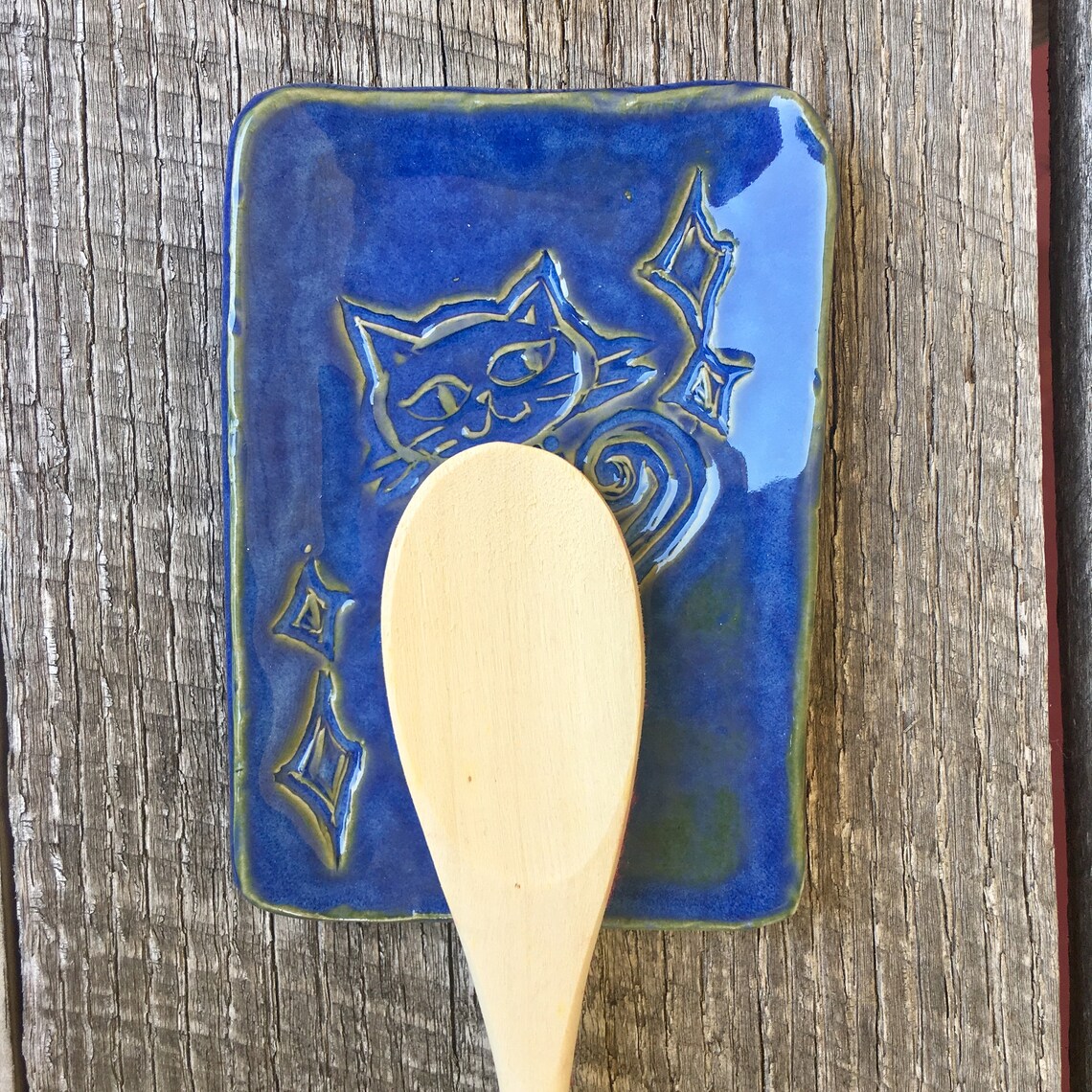 Handmade Spoon Rest / Unique Spoon Rest / handmade stamped cat Etsy