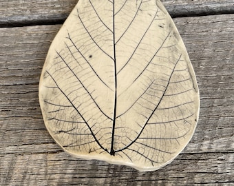 Handmade Spoon Rest / Small Space Spoon Rest / Leaf Imprint  Design Spoon Rest / Handmade Pottery Spoon Rest/ Coffee or tea Spoon Rest