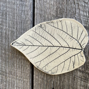 May include: A ceramic leaf-shaped dish with a cream-colored surface and black vein detailing. The dish is placed on a weathered wooden surface, showcasing its naturalistic design. This decorative piece is ideal for serving small items.