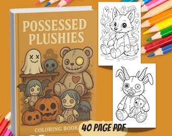 May include: A coloring book titled "POSSESSED PLUSHIES" with illustrations of spooky plush toys, a ghost, a skull, and pumpkins. Two coloring pages with a fox and a goat are visible. The text "40 PAGE PDF" is also present. Colored pencils are in the background.