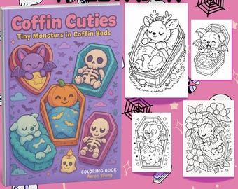 May include: A "Coffin Cuties" coloring book with illustrations of tiny monsters in coffin beds. The cover features a purple bat, a pumpkin, a skeleton, and a puppy. The word "Halloween" is at the top. Additional coloring pages are displayed.