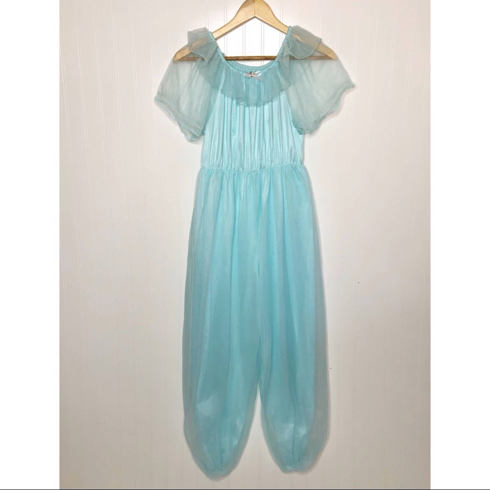Vintage Womens  pajamas pjs blue satin lace trim  Adonna  Size small Nightgown
