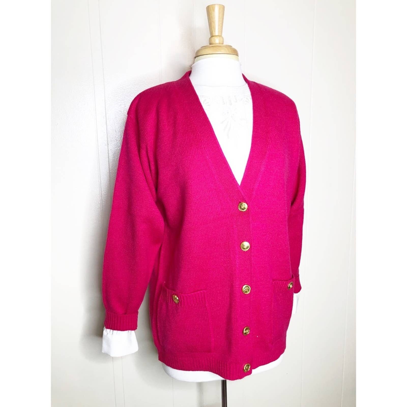 Vintage 80s Pink Cardigan Sweater Gold 