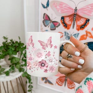 Butterfly Blossom Ceramic Mug - Floral Coffee Cup, Gift for Nature Lovers, Spring Decor, Mother&#39;s Day, Birthday Gift, 11oz or 15oz