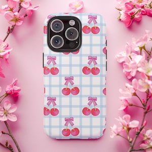 Cherry Bow Phone Case, Cute Gingham iPhone Case, Coquette Aesthetic Red Cherries Case, Girly Gift Idea for Her