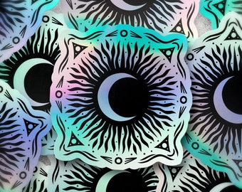 Holographic Sun Sticker, 3" Die Cut Decal, Symmetrical Modern Art, Occult, Astrology Laptop Sticker, Vinyl Sticker Decal, Free Shipping