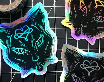 Holographic Cat Sticker, 3" Die Cut Decal, Symmetrical Modern Art, Occult, Astrology Laptop Sticker, Vinyl Sticker, Polyamory, Free Shipping