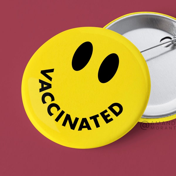 2.25" Vaccination Smile Button, I'm Vaccinated, Large Pinback Button, Covid Vaccine Status Button, Flair, Jacket Pin, Yellow Smile Button