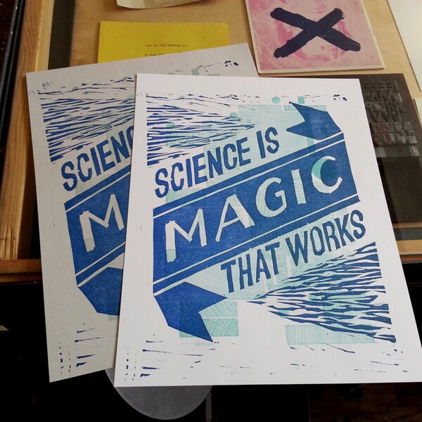Kurt Vonnegut - Science is Magic that Works - 2 Color Letterpress Print - GREY ONLY - Cat's Cradle