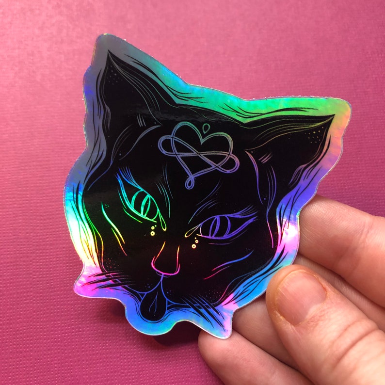 Holographic Cat Sticker, 3" Die Cut Decal, Symmetrical Modern Art ...