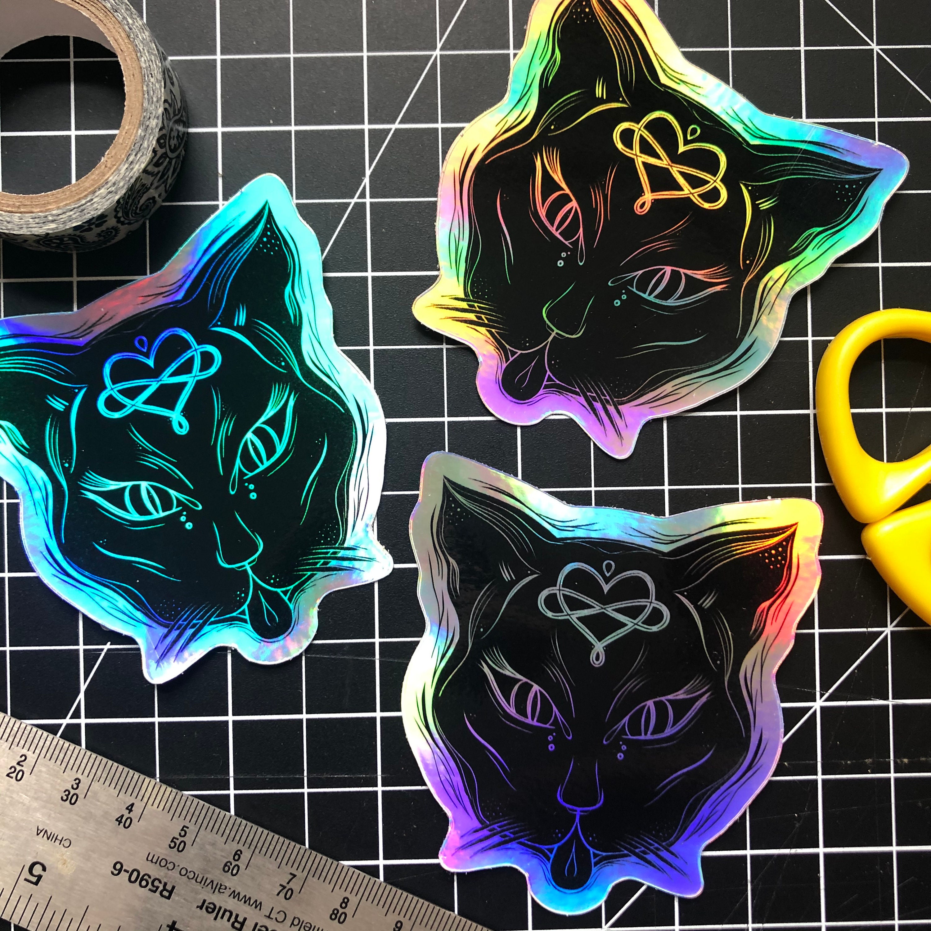 Holographic Cat Sticker, 3" Die Cut Decal, Symmetrical Modern Art ...