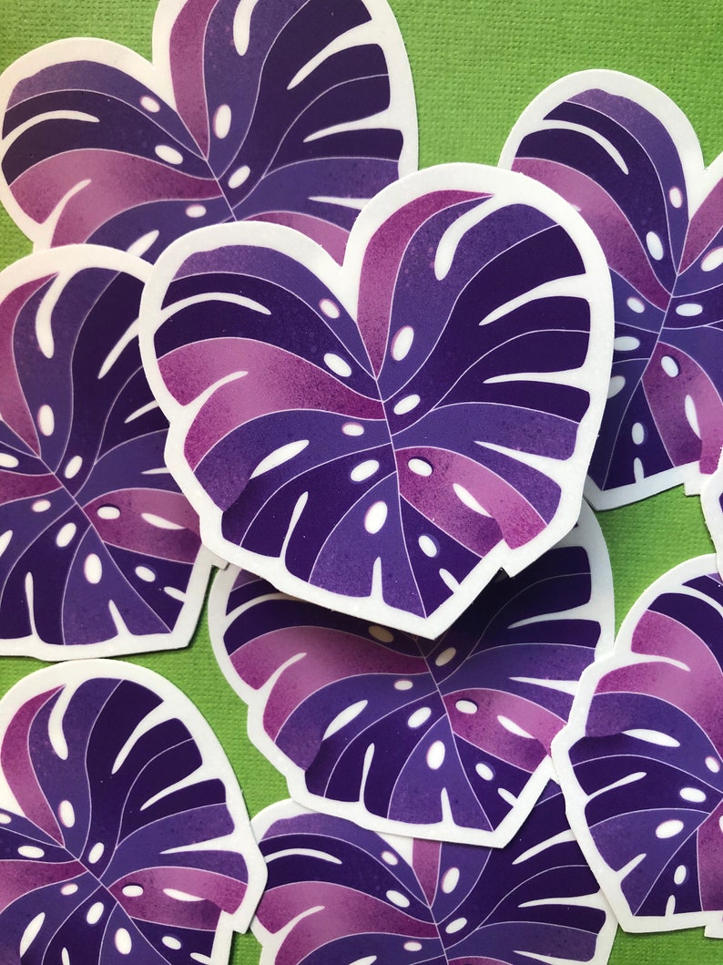 May include: Purple and pink monstera leaf stickers with white outlines. The stickers are arranged in a cluster, overlapping each other.