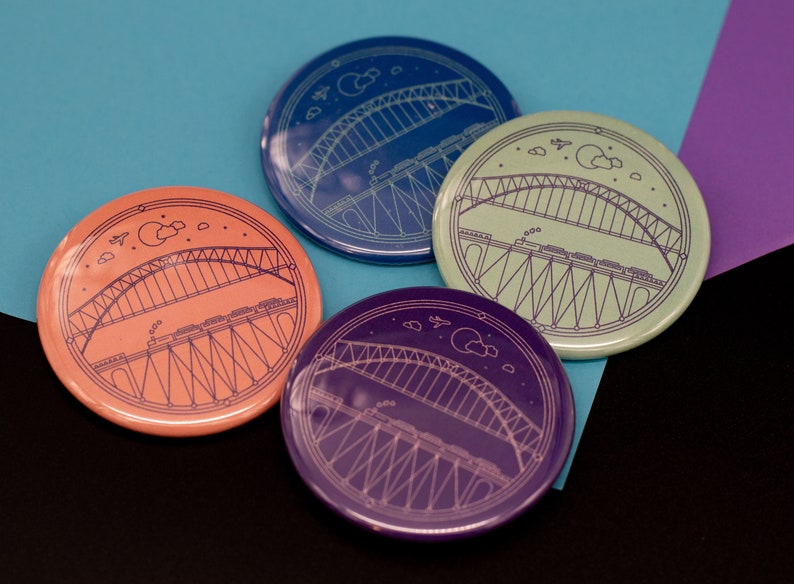 Gift for New Yorker Astoria Queens 2.25 Pocket Mirror Pin Magnetic Bottle Opener Affordable Gift Hellgate Bridge Handheld Mirror